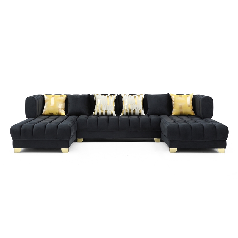 Maklaine Modern U-Shaped Velvet Sectional Sofa with 6 Pillows in Black