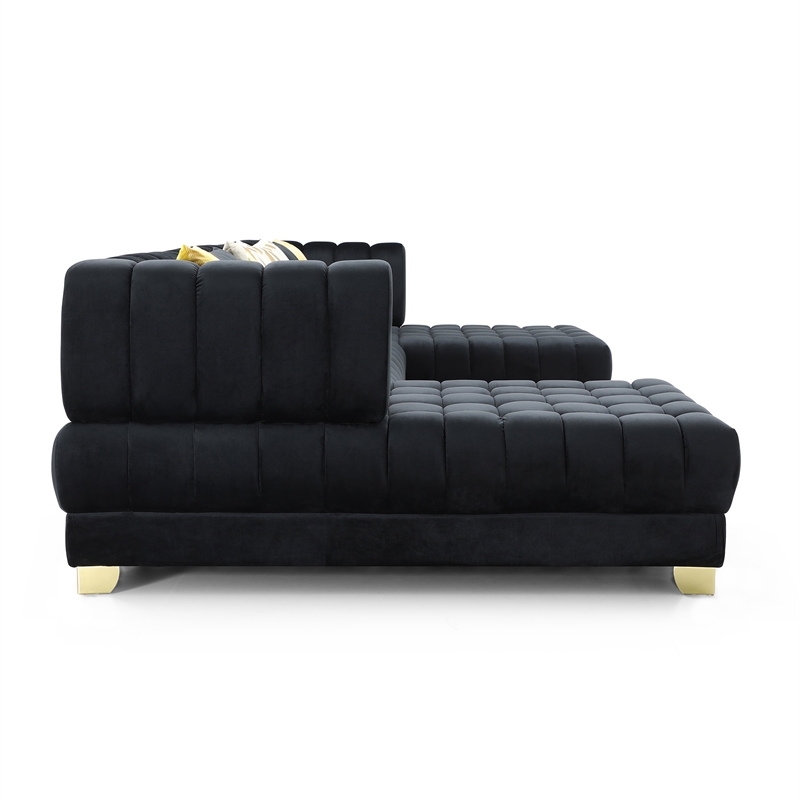 Maklaine Modern U-Shaped Velvet Sectional Sofa with 6 Pillows in Black
