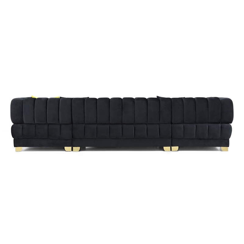 Maklaine Modern U-Shaped Velvet Sectional Sofa with 6 Pillows in Black