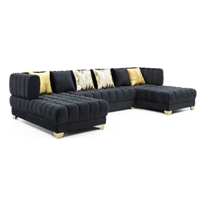 Maklaine Modern U-Shaped Velvet Sectional Sofa with 6 Pillows in Black