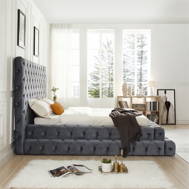 Maklaine Modern King Size Thick Velvet Upholstered Bed in Gray