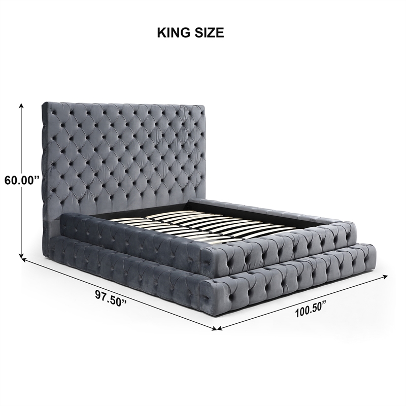 Maklaine Modern King Size Thick Velvet Upholstered Bed in Gray