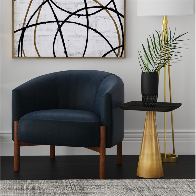 Maklaine Mid-Century Accent Chair with Wood Frame in Navy Blue