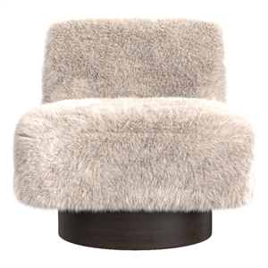 Maklaine Faux Fur Beige Swivel Accent Chair with Wood Base 30&quot Assembled