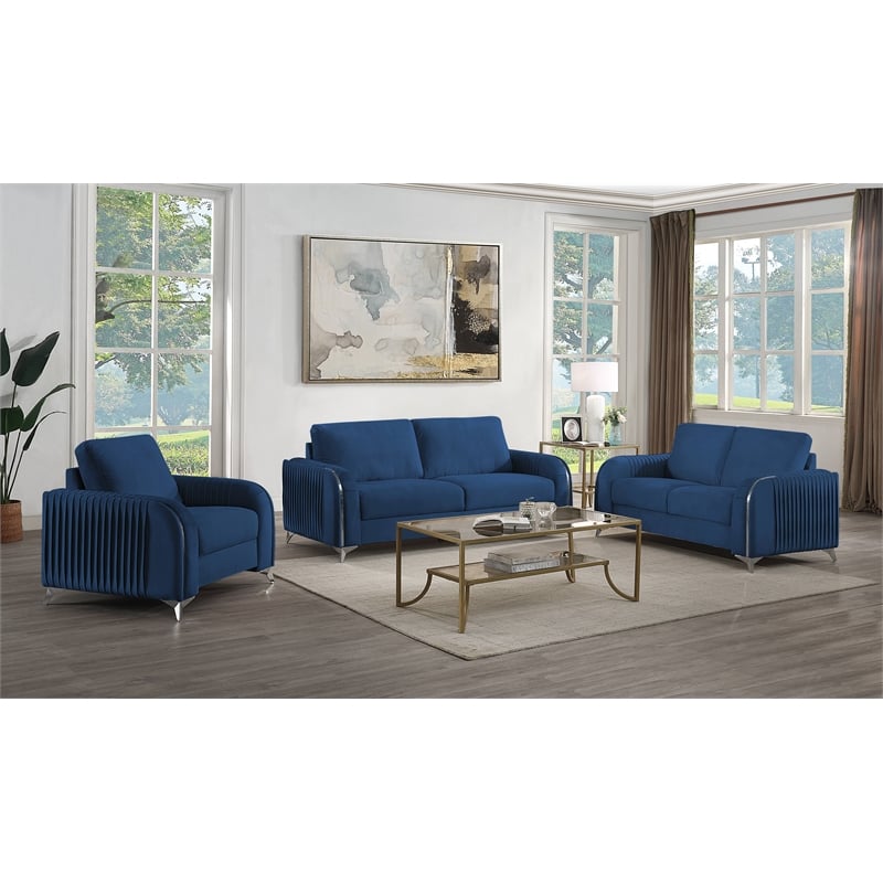 Maklaine Velvet Upholstered Wooden Frame Contemporary Sofa in Blue