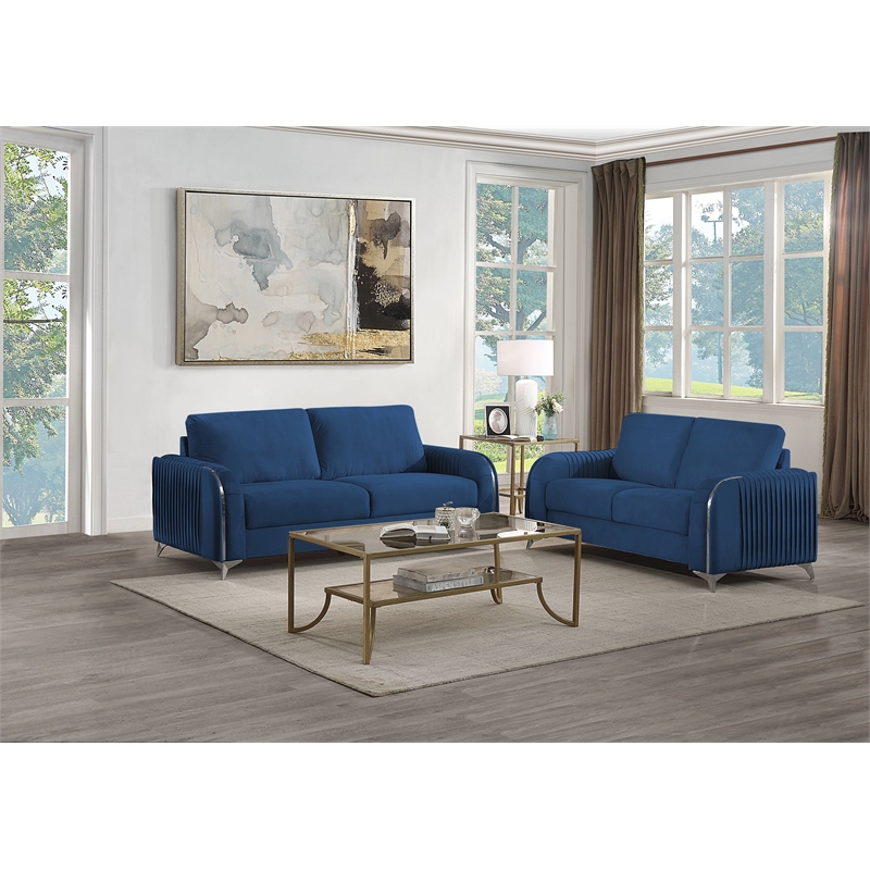 Maklaine Velvet Upholstered Wooden Frame Contemporary Sofa in Blue