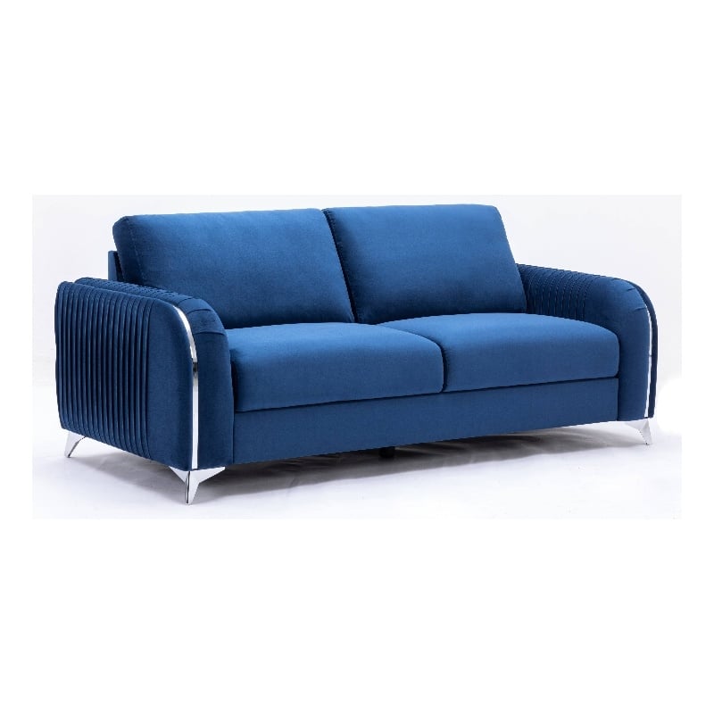 Maklaine Velvet Upholstered Wooden Frame Contemporary Sofa in Blue