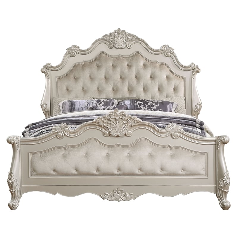 Maklaine Transitional Button Tufted Wooden Frame Bed in Champagne Gold