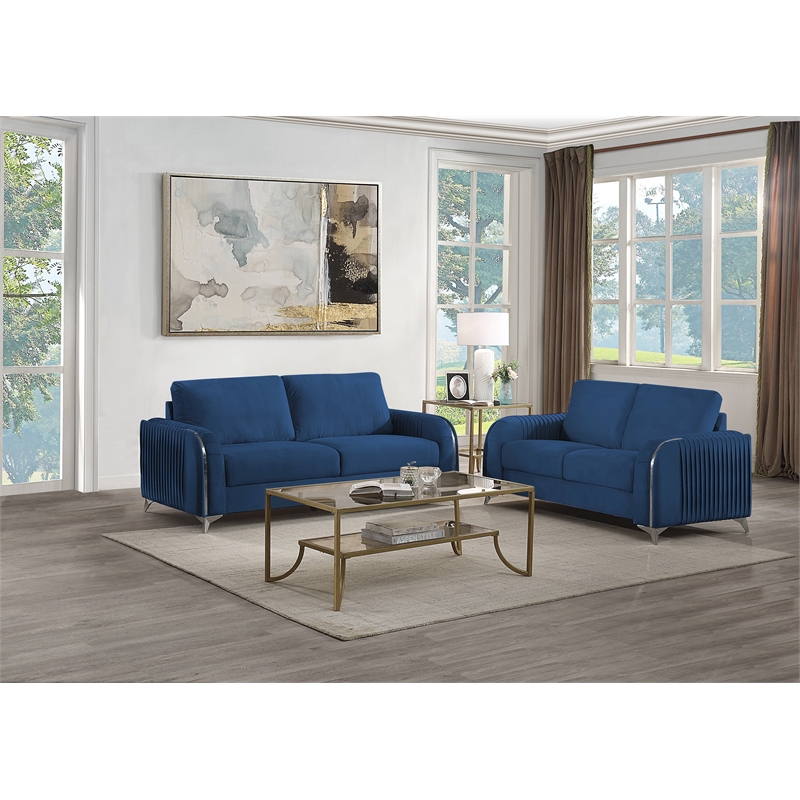 Maklaine Velvet Upholstered Wooden Frame Contemporary Loveseat in Blue
