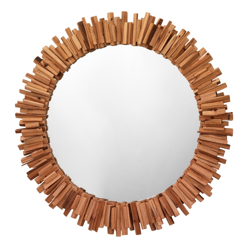 Maklaine Contemporary Round Wood & MDF Accent Mirror in Brown