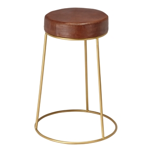 Maklaine 24&quot Round Leather & Iron Metal Counter Stool in Brown