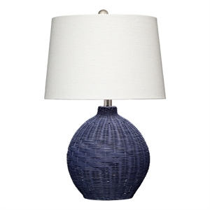maklaine 1-light rattan & linen table lamp in indigo blue/white