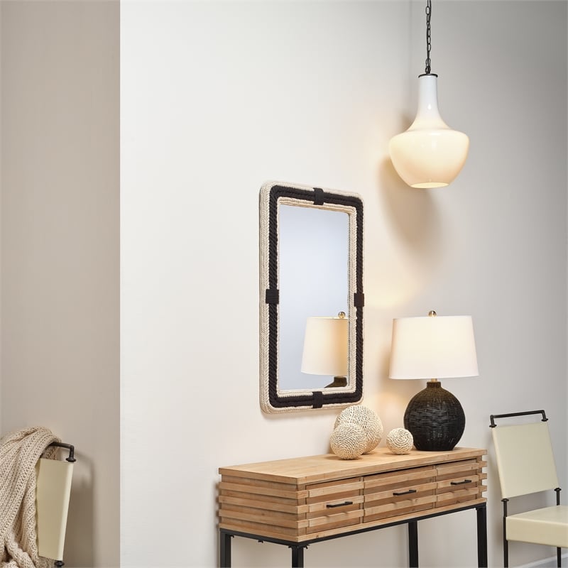 Maklaine Jute Rectangle Cotton & MDF Wood Accent Mirror in Black