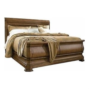 Maklaine Contemporary King Wooden Sleigh Bed in Cognac Brown Finish