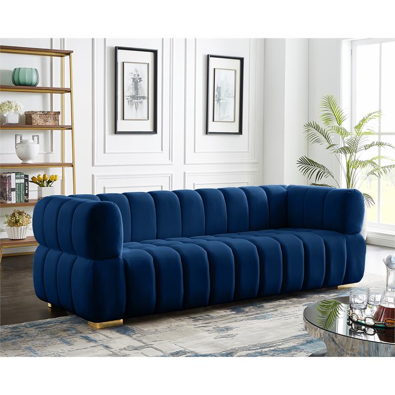 Maklaine Contemporary Deep Biscuit Tufted Soft Rich Navy Finish Velvet Sofa