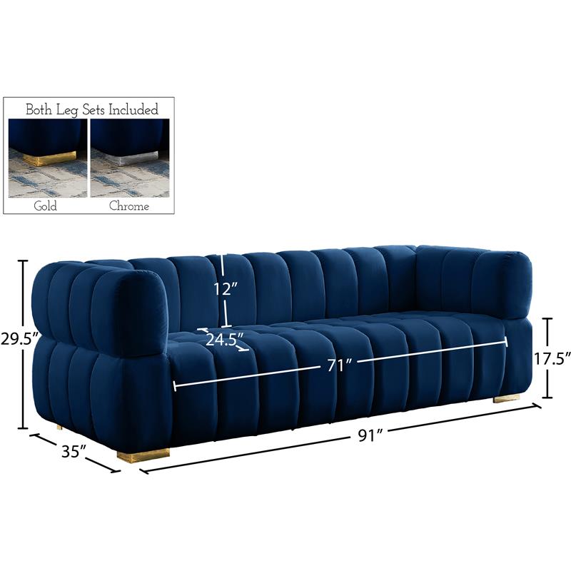 Maklaine Contemporary Deep Biscuit Tufted Soft Rich Navy Finish Velvet Sofa
