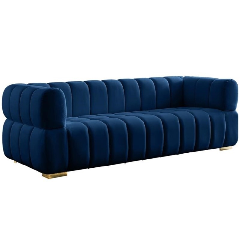 Maklaine Contemporary Deep Biscuit Tufted Soft Rich Navy Finish Velvet Sofa