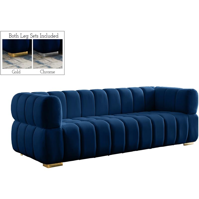 Maklaine Contemporary Deep Biscuit Tufted Soft Rich Navy Finish Velvet Sofa