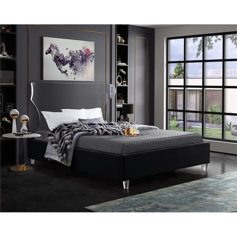 Maklaine Contemporary Soft Rich Black Finish Velvet Full Bed