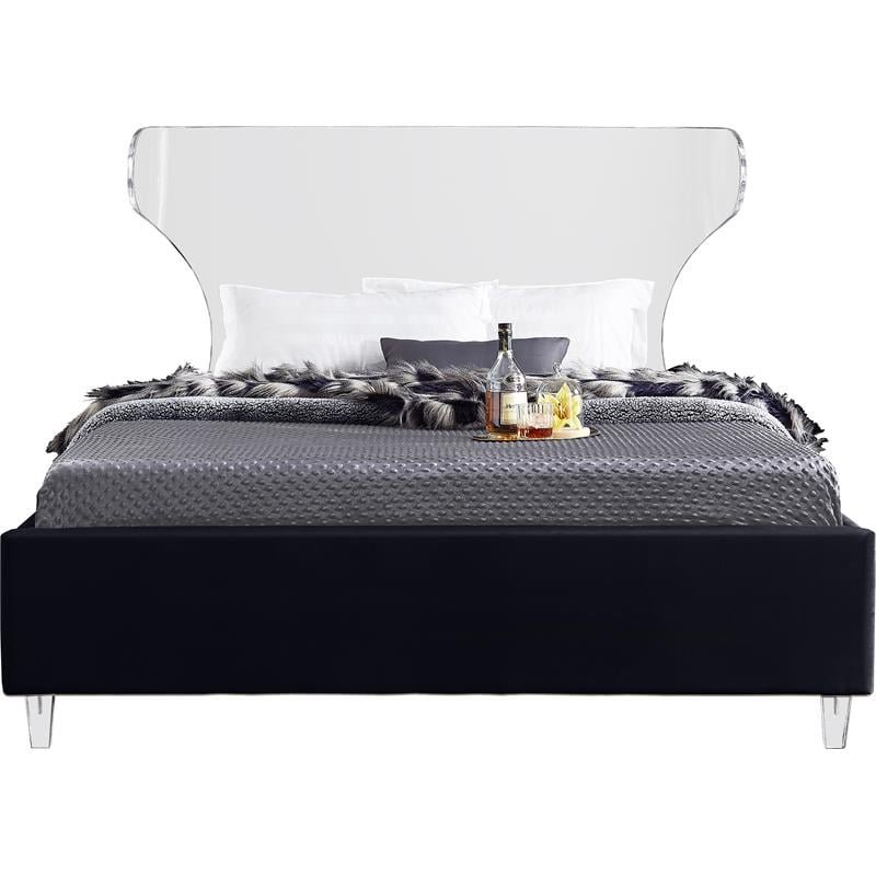 Maklaine Contemporary Soft Rich Black Finish Velvet Full Bed