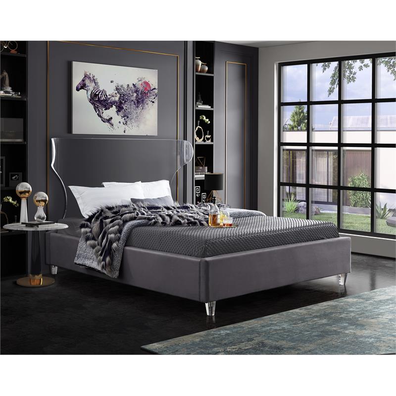 Maklaine Contemporary Soft Rich Gray Finish Velvet Queen Bed