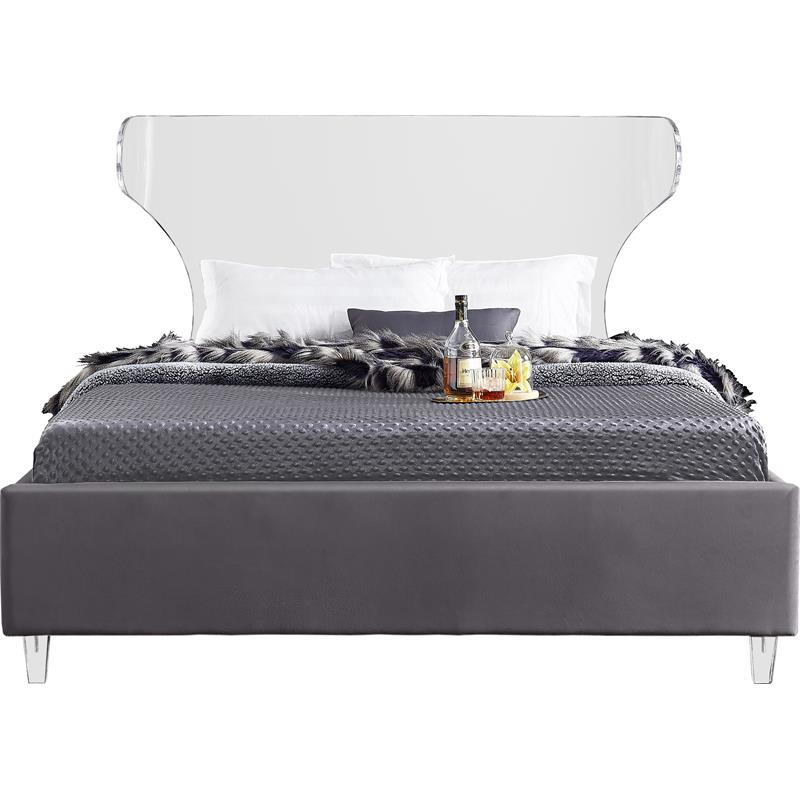 Maklaine Contemporary Soft Rich Gray Finish Velvet Queen Bed