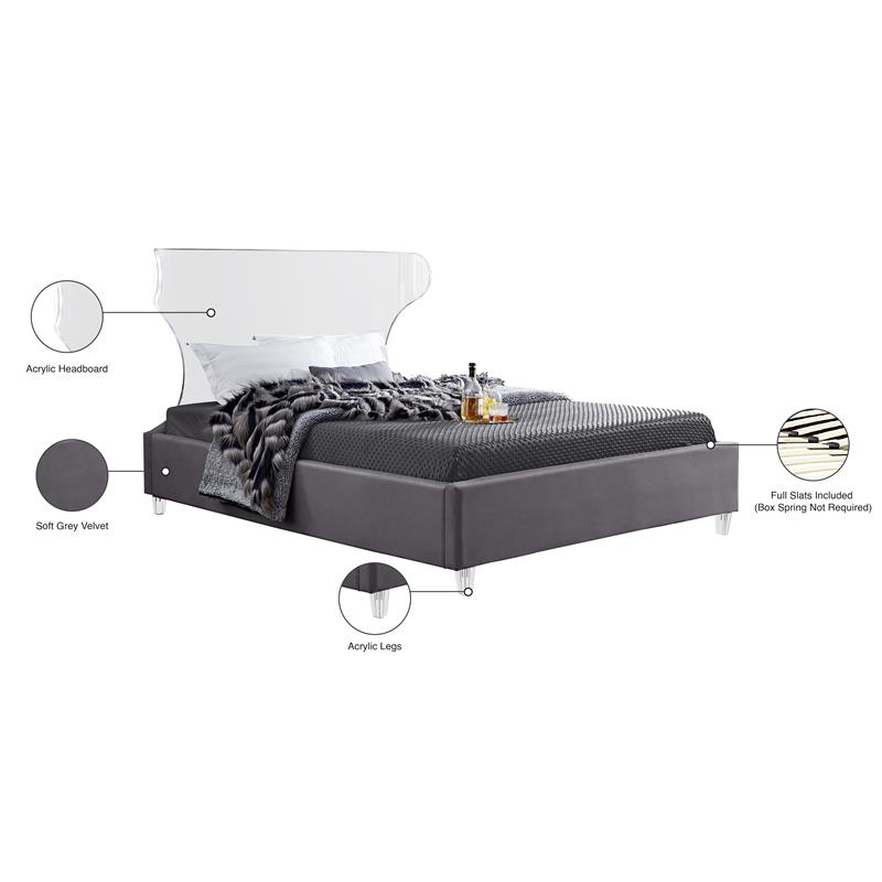 Maklaine Contemporary Soft Rich Gray Finish Velvet Queen Bed