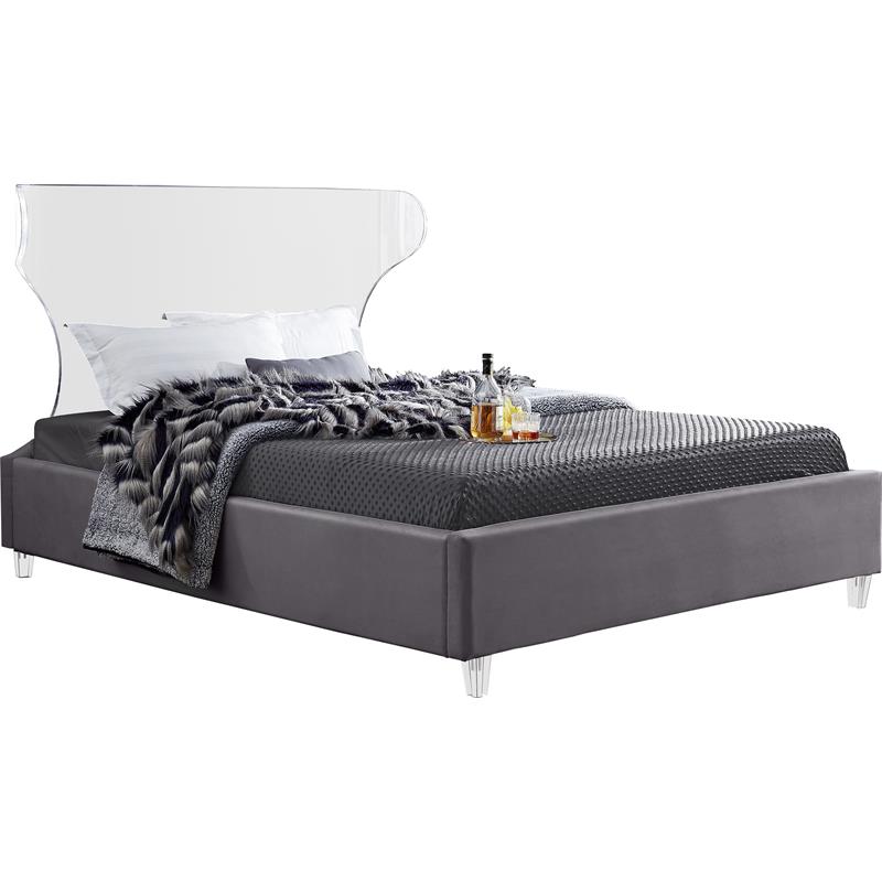 Maklaine Contemporary Soft Rich Gray Finish Velvet Queen Bed
