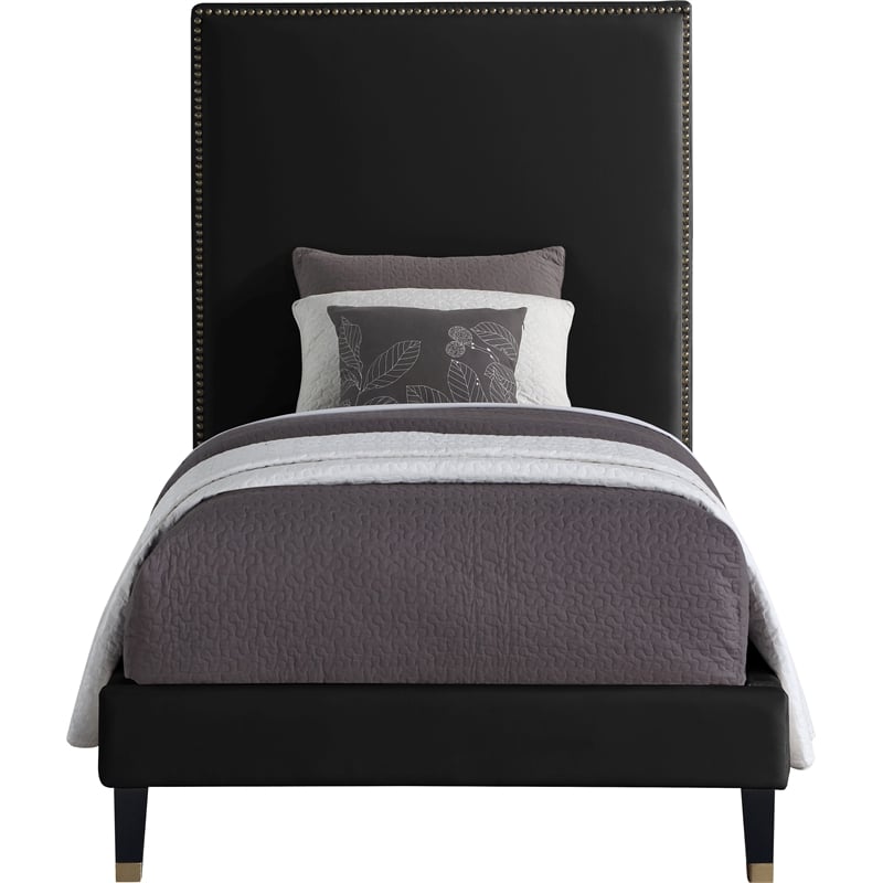 Maklaine Contemporary Soft Rich Black Finish Velvet Twin Bed