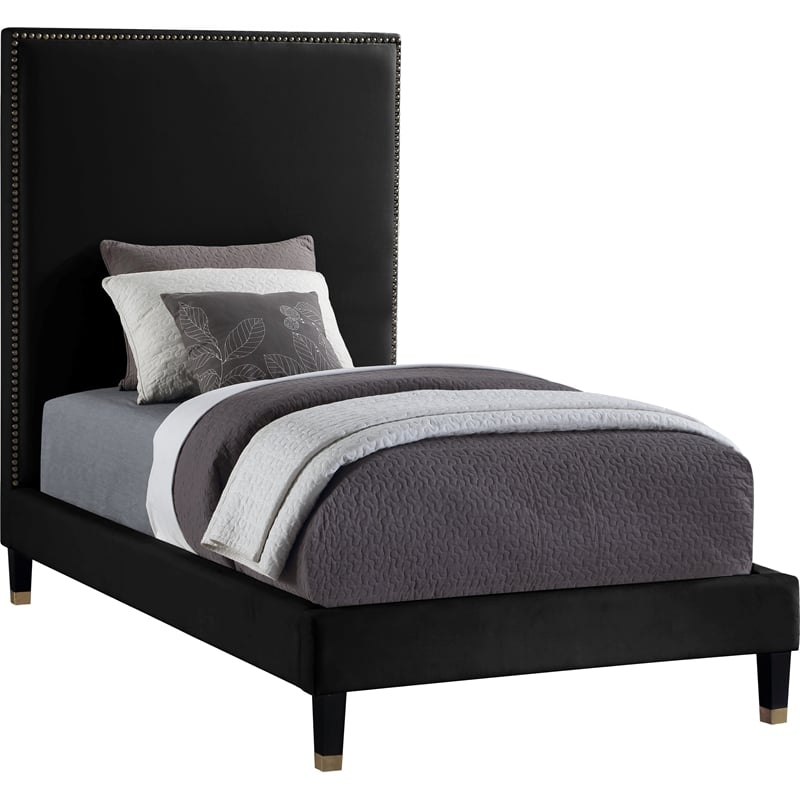 Maklaine Contemporary Soft Rich Black Finish Velvet Twin Bed