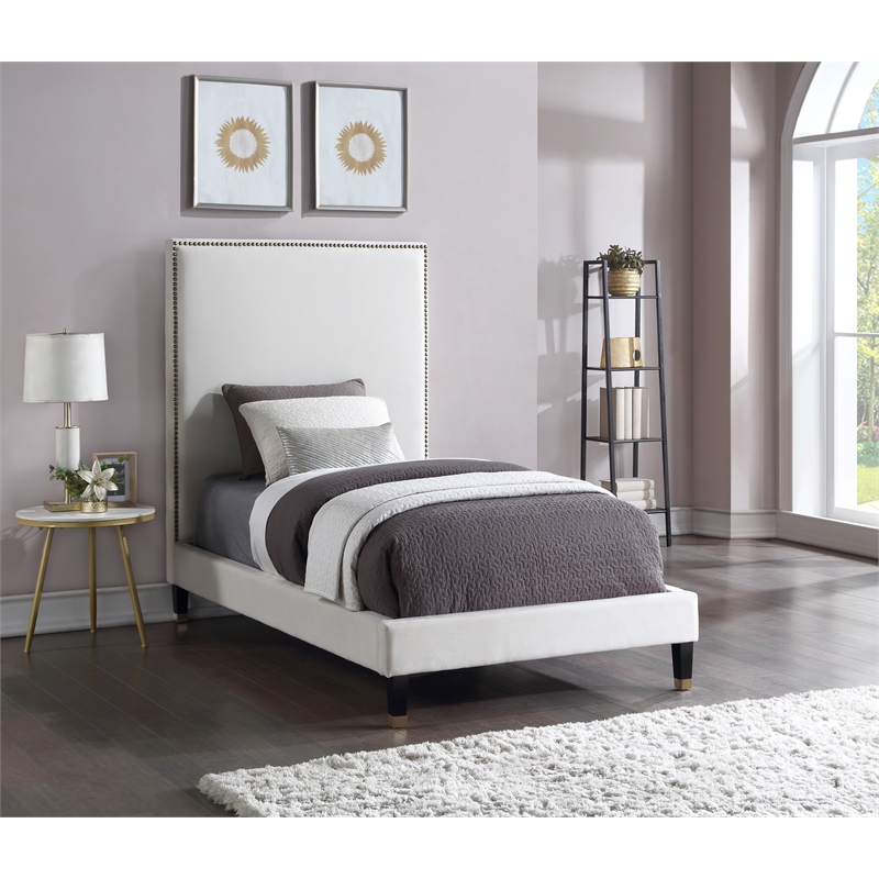 Maklaine Contemporary Soft Rich Cream Finish Velvet Twin Bed