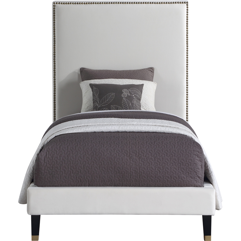 Maklaine Contemporary Soft Rich Cream Finish Velvet Twin Bed