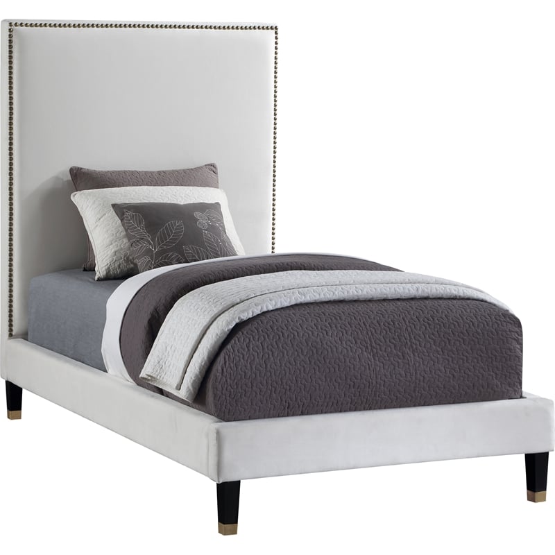 Maklaine Contemporary Soft Rich Cream Finish Velvet Twin Bed