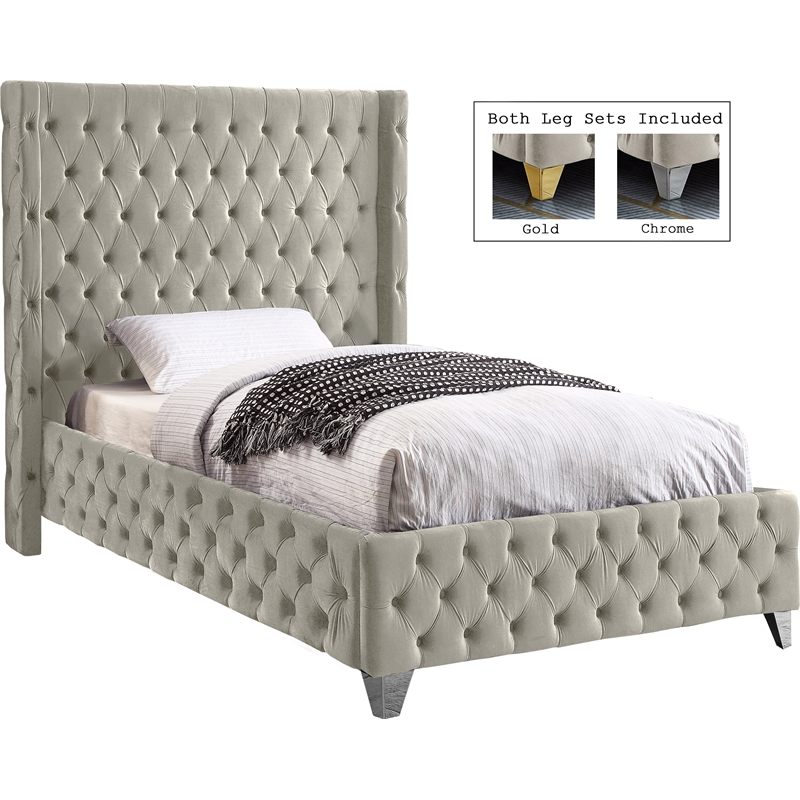 Maklaine Contemporary Soft Rich Cream Finish Velvet Twin Bed