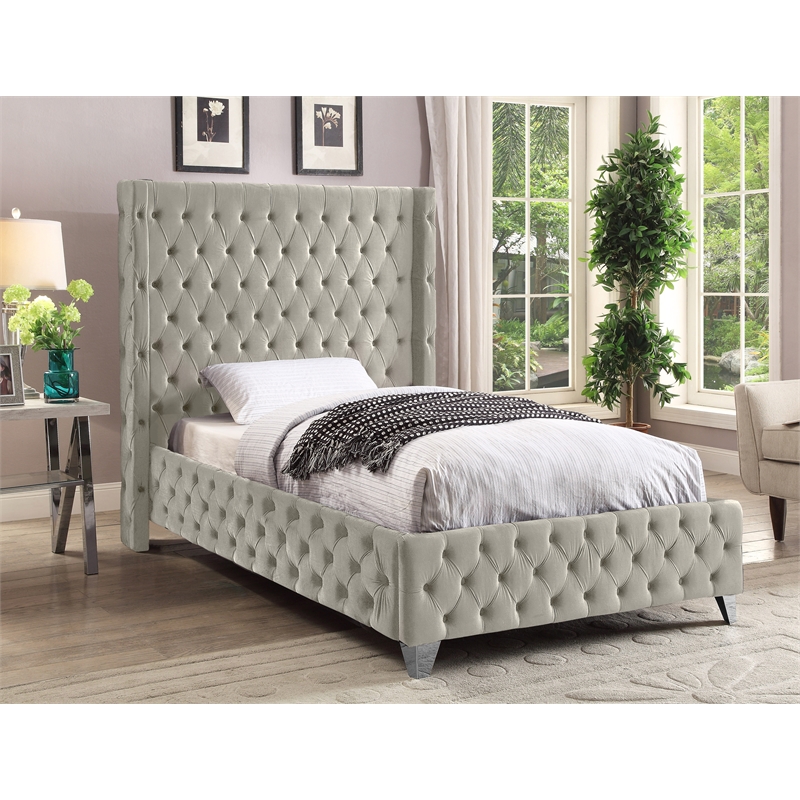 Maklaine Contemporary Soft Rich Cream Finish Velvet Twin Bed