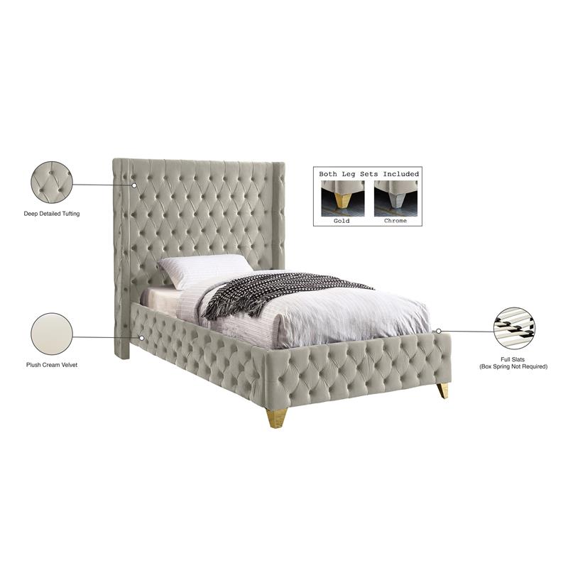 Maklaine Contemporary Soft Rich Cream Finish Velvet Twin Bed