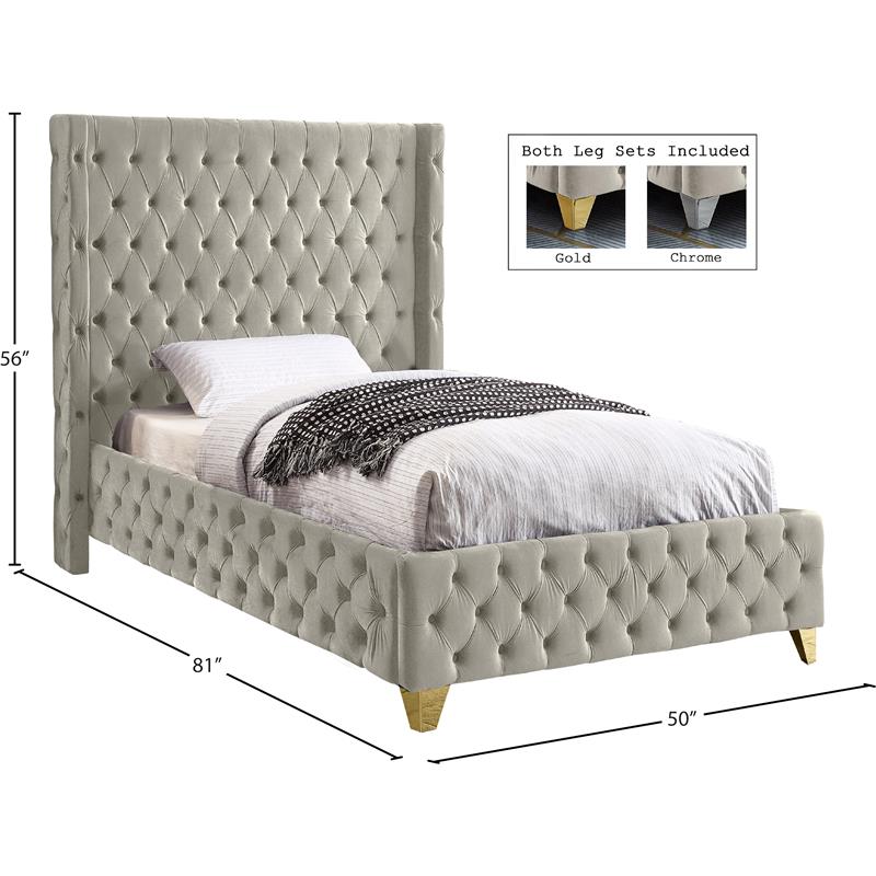 Maklaine Contemporary Soft Rich Cream Finish Velvet Twin Bed