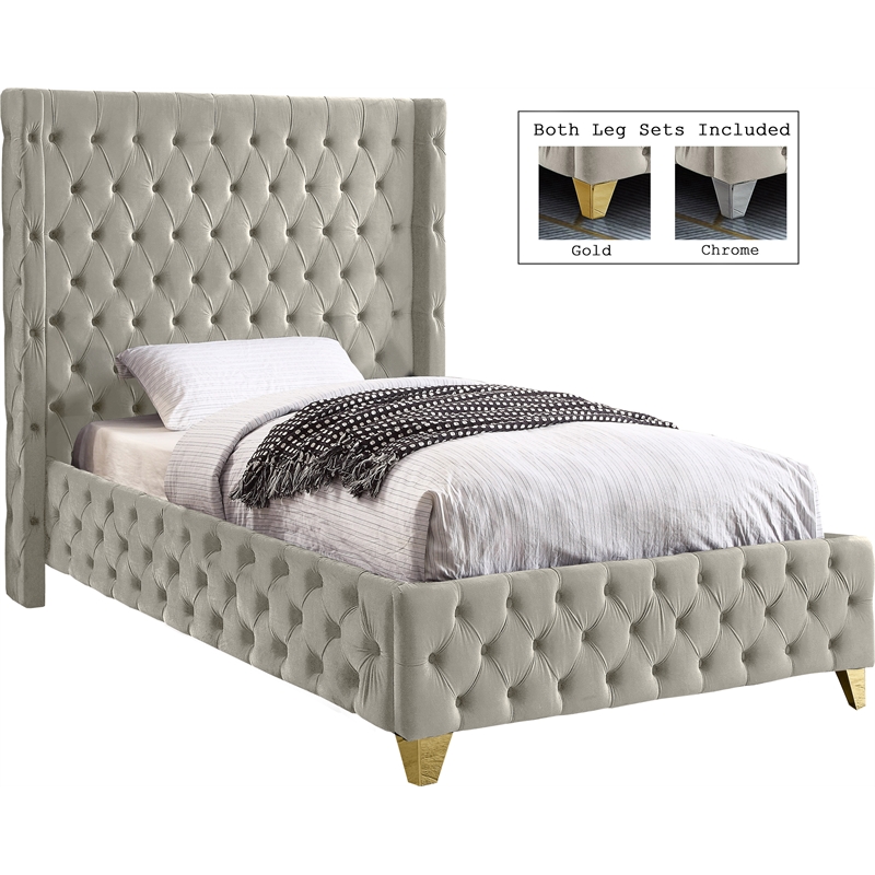 Maklaine Contemporary Soft Rich Cream Finish Velvet Twin Bed