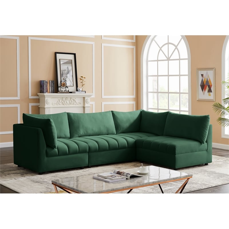 Maklaine Contemporary Velvet Modular Sectional in Green Finish