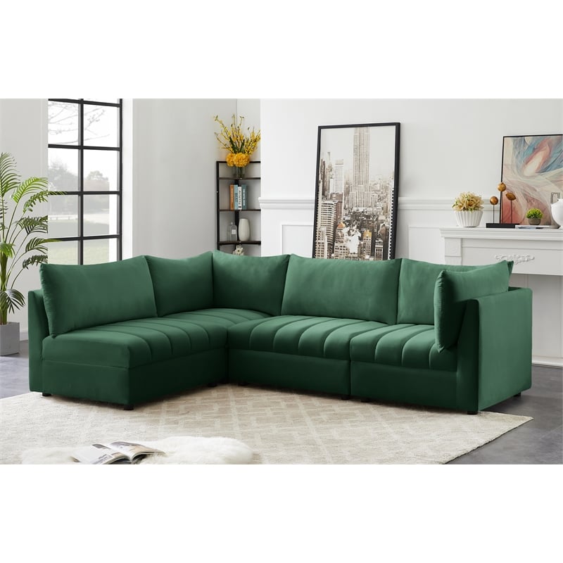 Maklaine Contemporary Velvet Modular Sectional in Green Finish