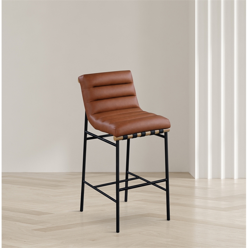Maklaine Contemporary Vegan Leather Bar Stool in Cognac Finish