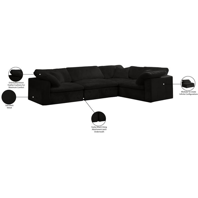 Maklaine Contemporary Velvet Modular Sectional in Black Finish