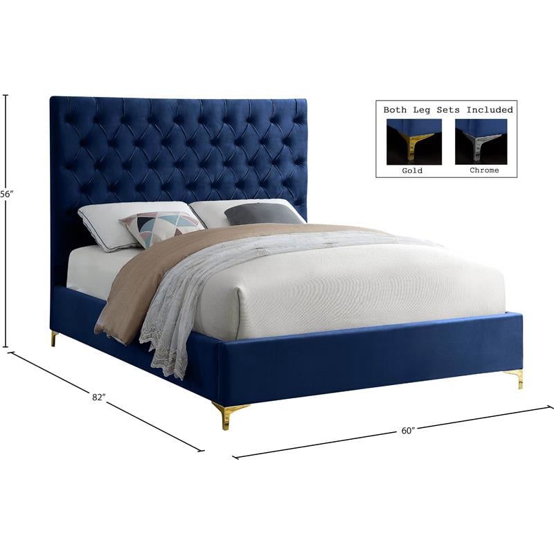 Maklaine Contemporary Solid Wood Tufted Velvet Full Bed in Navy