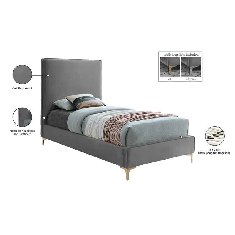 Maklaine Gray Velvet Twin Bed with Gold and Chrome Legs Included