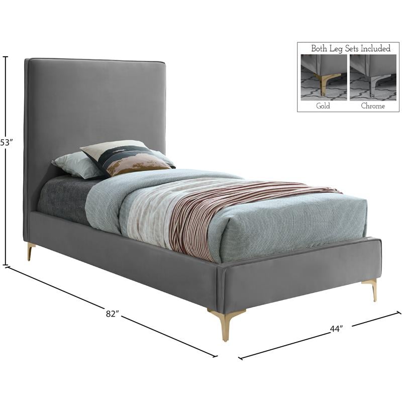 Maklaine Gray Velvet Twin Bed with Gold and Chrome Legs Included