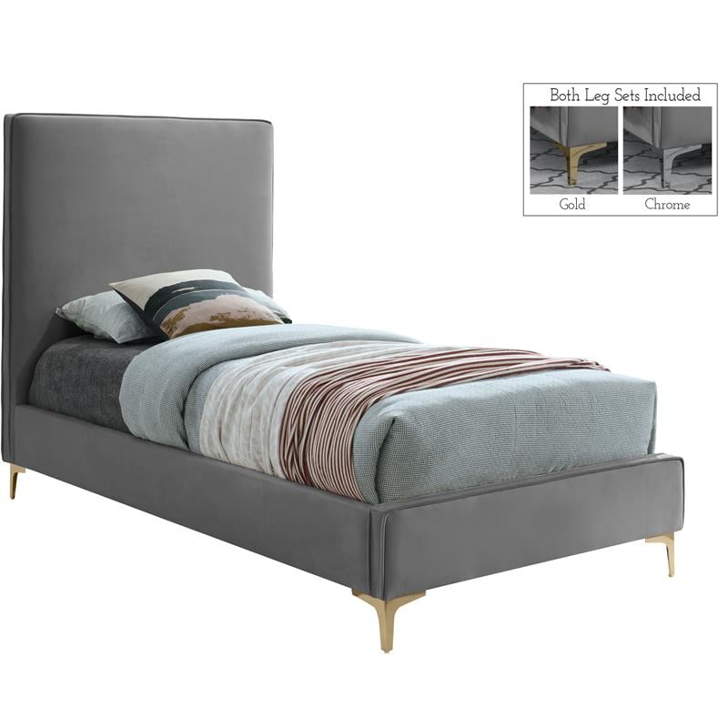 Maklaine Gray Velvet Twin Bed with Gold and Chrome Legs Included