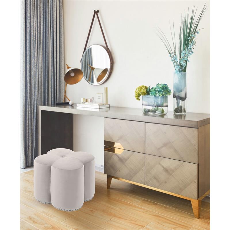 Maklaine Contemporary Upholstered Flower Shaped Cream Velvet Ottoman