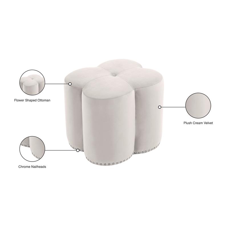 Maklaine Contemporary Upholstered Flower Shaped Cream Velvet Ottoman