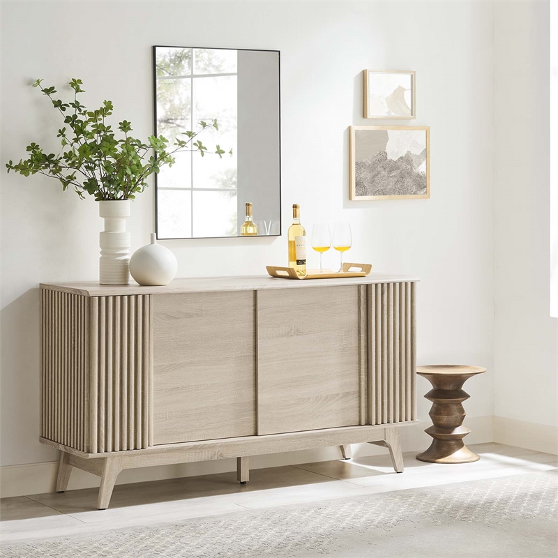 Maklaine Contemporary Wood Sideboard with Sliding Doors in Oak