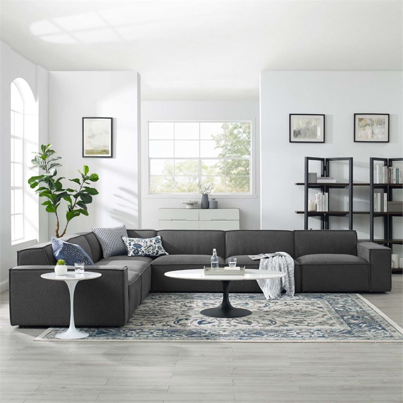 Maklaine Contemporary 6-Piece Fabric Sectional Sofa in Charcoal